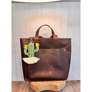 Beaded Cactus Macrame Keychain Purse Charm Boho Light Green Keychain Yellow Pom